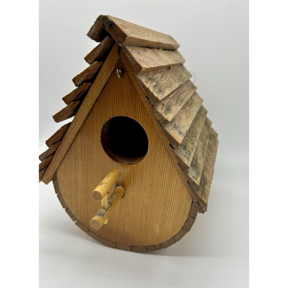 Unique Handmade Wooden Bird House Rustic Natural Round Bottom Hanging Wood Vtg